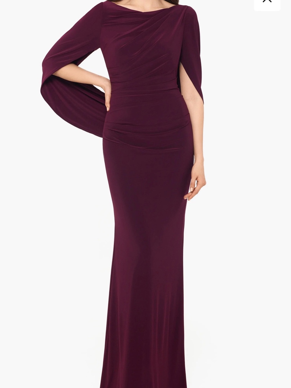 Betsy and Adam Elegant Wine Cape-Sleeve Evening Gown